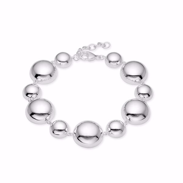Silbernes Armband mit glänzenden Halbkugeln, variierende Größen, Verlängerungskette, poliert.