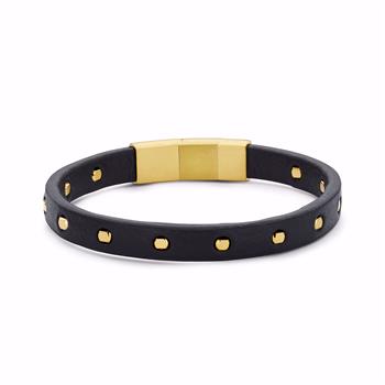 Schwarzes Lederarmband mit goldenen IP-Akzenten und einem goldenen Verschluss.