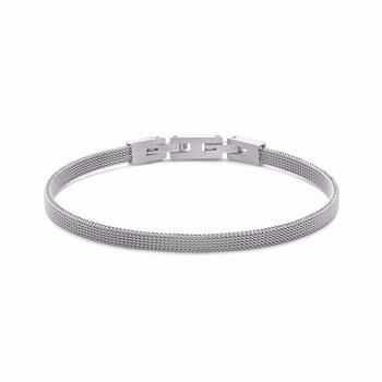 Silbernes Mesh-Armband mit Verschluss auf weißem Hintergrund. Elegantes und minimalistisches Design.