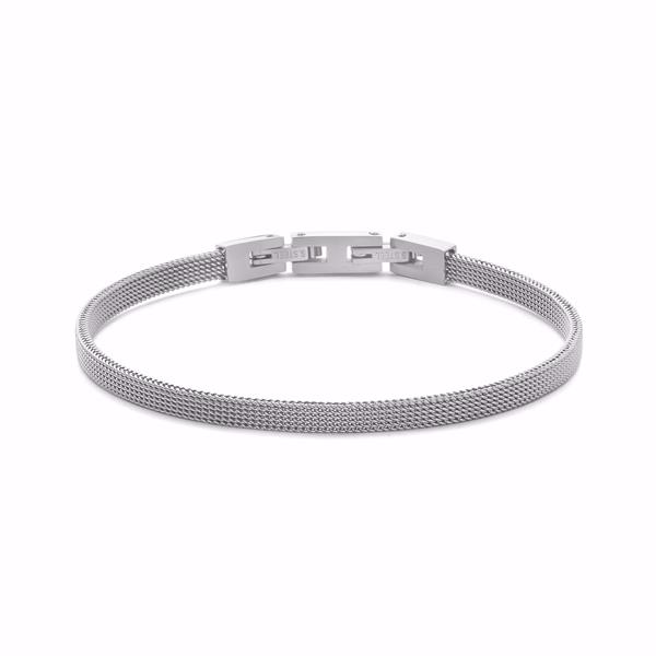 Silbernes Mesh-Armband mit Verschluss auf weißem Hintergrund. Elegantes und minimalistisches Design.