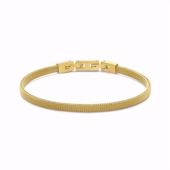 Goldfarbenes Mesh-Armband mit Verschluss, fein strukturiert, elegant und schlicht gestaltet.