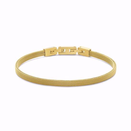 Goldfarbenes Mesh-Armband mit Verschluss, fein strukturiert, elegant und schlicht gestaltet.