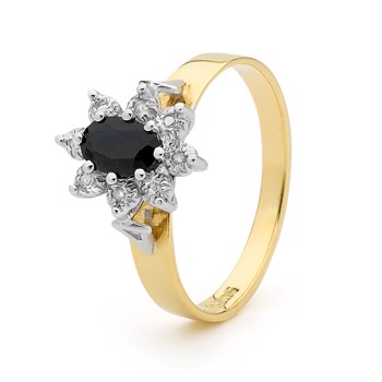 Goldfingerring, Blume aus dunklem Saphir und 8 Stück 0,005 ct Diamanten