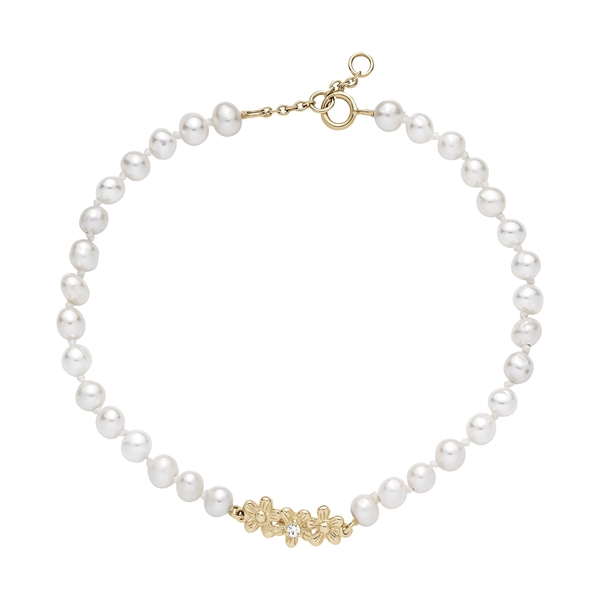 Armband aus runden Perlen, Blumenkranz mit Zirkonia in der Mitte, Karabinerverschluss.