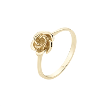 Goldring mit detaillierter Rosenblüte und dünner, glänzender Ringschiene aus 8 Karat Gold.