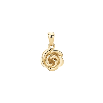 Goldener Anhänger in Form einer Rose, mit Schlaufe zum Befestigen an einer Kette.