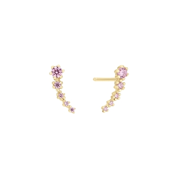 Geschwungene Ohrringe aus 8 Karat Gold mit rosa Zirkonia in absteigender Größe angeordnet.