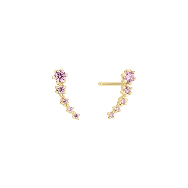 Geschwungene Ohrringe aus 8 Karat Gold mit rosa Zirkonia in absteigender Größe angeordnet.
