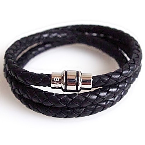 San - Link of joy Herrenschmuck Leder/Sterlingsilber schwarz 3-teiliges Lederarmband mit glänzender Oberfläche