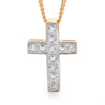 Kreuz aus 9 Karat Gold mit 6 Diamanten in Weißgoldfassung