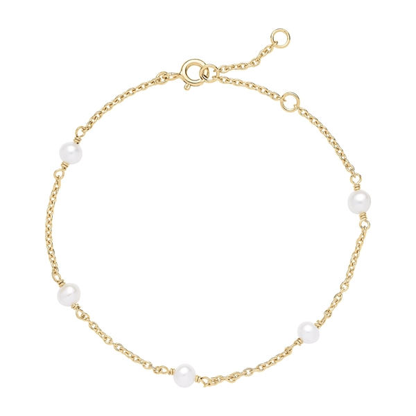 Armband mit fünf weißen Perlen auf einer feinen, goldfarbenen Kette mit kleinen Gliedern.