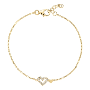 Goldfarbenes Armband mit zwei Herzanhängern, eines mit Steinen besetzt, Karabinerverschluss.