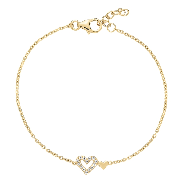 Goldfarbenes Armband mit zwei Herzanhängern, eines mit Steinen besetzt, Karabinerverschluss.