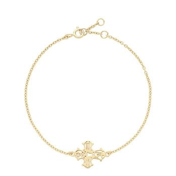 Armband mit filigraner Kette und kreuzförmigem Anhänger in Gold, Verschluss oben sichtbar.