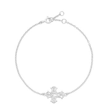 Armband mit filigranem Kreuzanhänger und symmetrischem Muster, feine Kette mit Federringverschluss.
