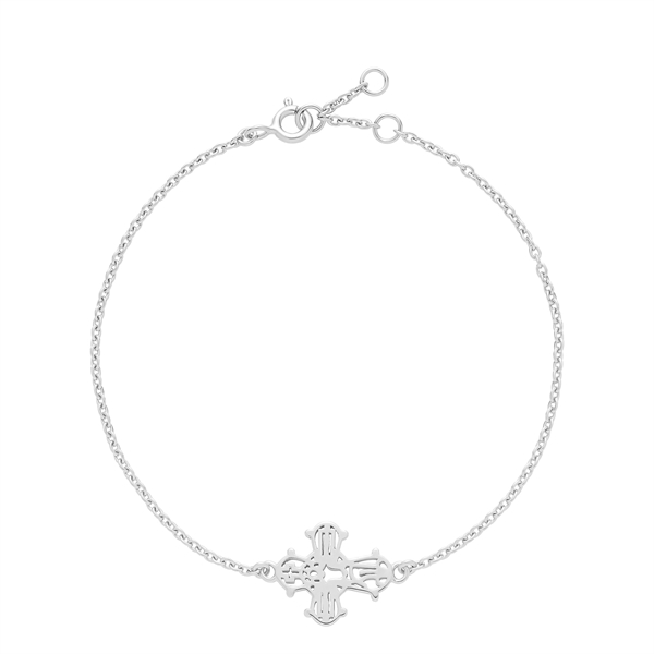 Armband mit filigranem Kreuzanhänger und symmetrischem Muster, feine Kette mit Federringverschluss.