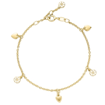 Armband mit drei herzförmigen und drei gänseblümchenförmigen Anhängern, feine Kette, Karabinerverschluss.
