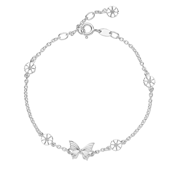 Armband mit Schmetterlingsanhänger, blumenähnliche Elemente entlang der Kette, Verschluss oben.
