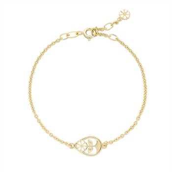 Zartes Armband mit tropfenförmigem Blumenmotiv, goldene Kette, und rundem Anhänger am Verschluss.