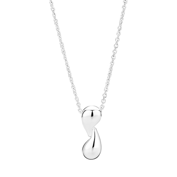 Silberne Kette mit zwei glatten, glänzenden Tropfenanhängern und klassischem Gliederkettenmuster.