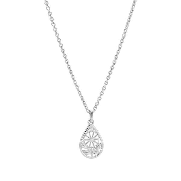 Tropfenanhänger mit Blumenmotiv an Kette aus ineinandergreifenden Gliedern, aus Sterling Silber.