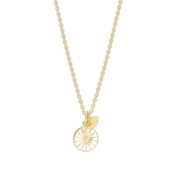 Goldene Halskette mit Gänseblümchen-Anhänger und kleinem Vogel. Kette aus ineinandergreifenden Gliedern.