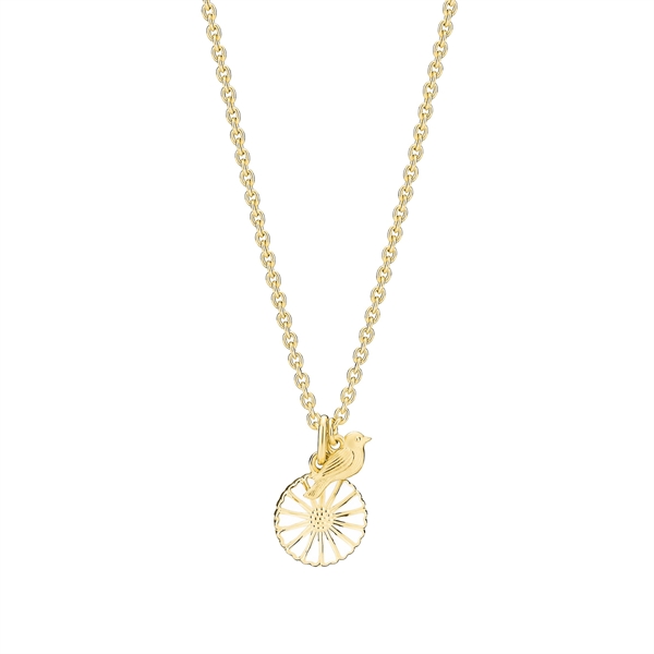 Goldene Halskette mit Gänseblümchen-Anhänger und kleinem Vogel. Kette aus ineinandergreifenden Gliedern.