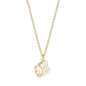 Goldene Kette mit filigranem, floralen Anhänger, bestehend aus zwei Hauptteilen mit Blumenmuster.