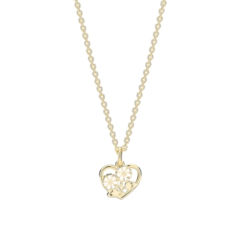 Herzanhänger mit floralen Design aus zwei Blumen, an gleichmäßiger Gliederkette, vergoldetes Silber.