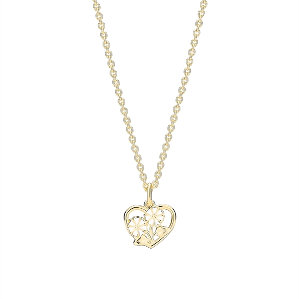 Herzanhänger mit floralen Design aus zwei Blumen, an gleichmäßiger Gliederkette, vergoldetes Silber.