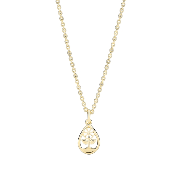 Goldene Halskette mit tropfenförmigem Anhänger. Florales Motiv im Inneren des Anhängers.