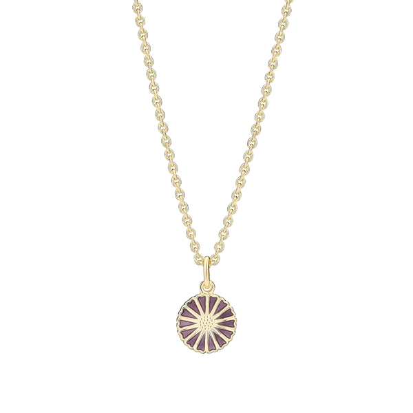 Goldene Halskette mit blumenförmigem Anhänger, lila Blütenblätter. Schlichte Gliederkette.