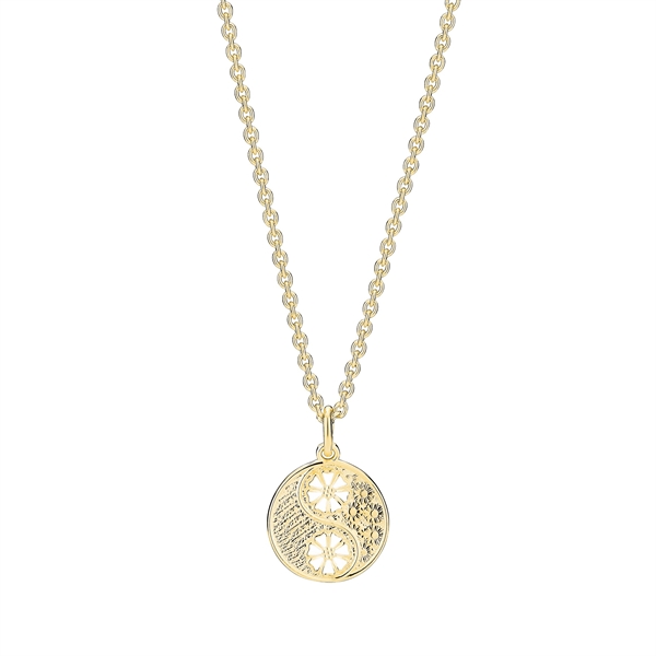 Goldkette mit rundem Anhänger, Yin-Yang-Design und floralen Motiven, ineinandergreifende Glieder.