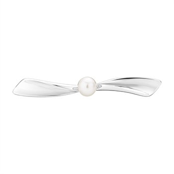 Elegante Brosche aus Sterling Silber, symmetrisch mit zentraler runder Perle und geschwungenen Enden.