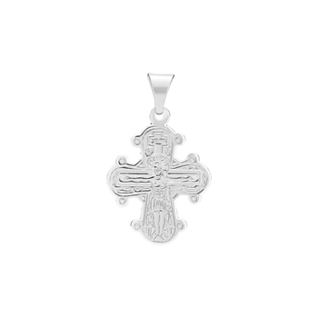 Kreuzanhänger aus Silber mit Gravur einer Figur. Polierte Oberfläche und Anhängerschlaufe.