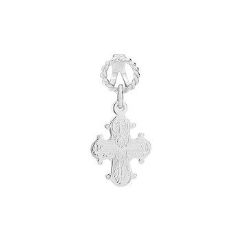 Kreuzanhänger mit Gravuren und Seilschlaufe aus Sterling-Silber, zentrale Figur im Kreuz.