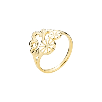 Vergoldeter Ring mit filigranen Margeriten-Designs und glänzender Oberfläche.