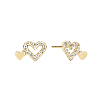 Ohrstecker mit Zirkonia-besetztem Doppelherz, kleines schlichtes Herz, goldfarbene Oberfläche.