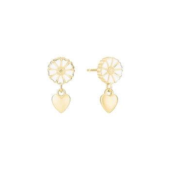 Ohrringe mit Gänseblümchen-Design, goldener Rand, weißer Blütenblätter, mattes Herz darunter.