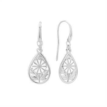 Tropfenförmige Ohrringe aus Silber mit blumenartigem Muster und Blattmotiven, Hakenverschluss.