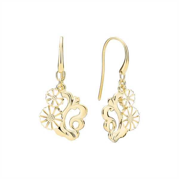 Florale Ohrringe mit Gänseblümchen-Muster, Hakenverschluss und glänzender, polierter Oberfläche.