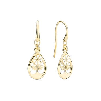 Goldfarbene Ohrringe, tropfenförmig, mit Blumen- und Herzmotiv im Inneren, elegant gestaltet.