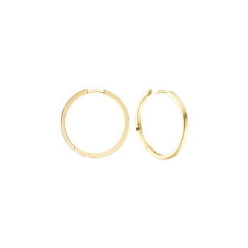 Goldene, runde Creolen mit glatter Oberfläche, eine geschlossen, die andere leicht geöffnet.