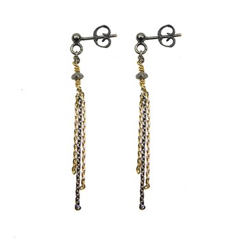 Lange Ohrringe mit gold- und schwarz rhodinierten Ketten, rauen Diamanten, zweifarbiges Design.