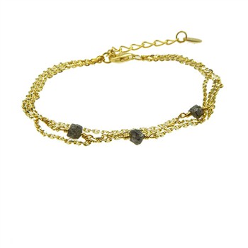 Dreireihiges, goldplattiertes Armband mit rauen, dunkelgrauen Diamanten und Verlängerungskette.