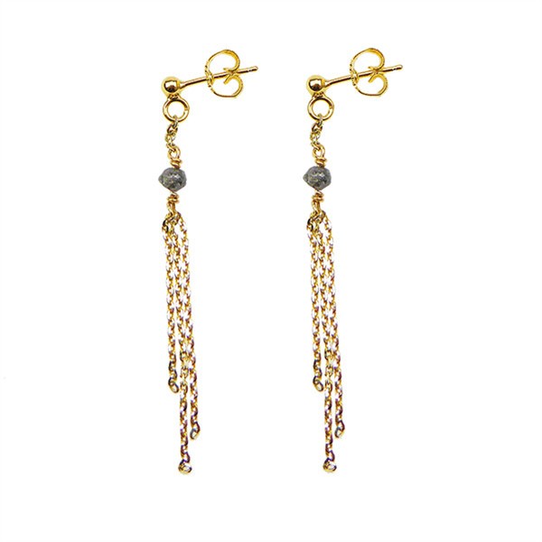Lange, elegante Ohrringe mit goldplattierten Ketten und anthrazitfarbenem Rohdiamant in der Mitte.