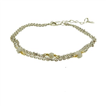 Dreireihiges Armband aus Silber- und Goldelementen, graue Rohdiamanten, Verlängerungskette.