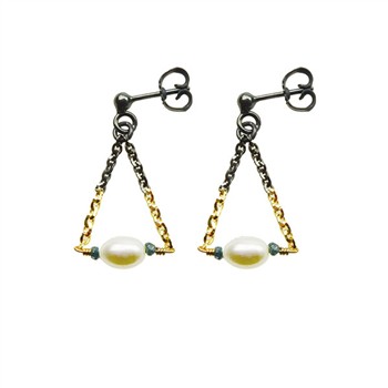 Earrings 925/585 - Oxidised  w.Pearls & Blue Diamonds Pr.par, von San - Links of Joy