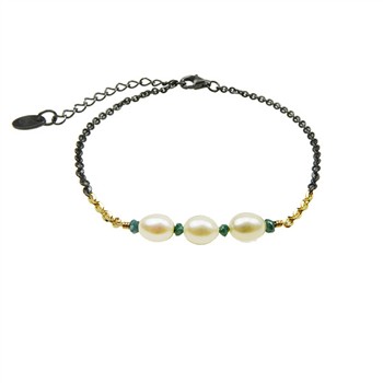 Bracelet & Necklace 925/585 -Oxidised w.Pearls & Blue Diamonds 18+4cm, von San - Links of Joy