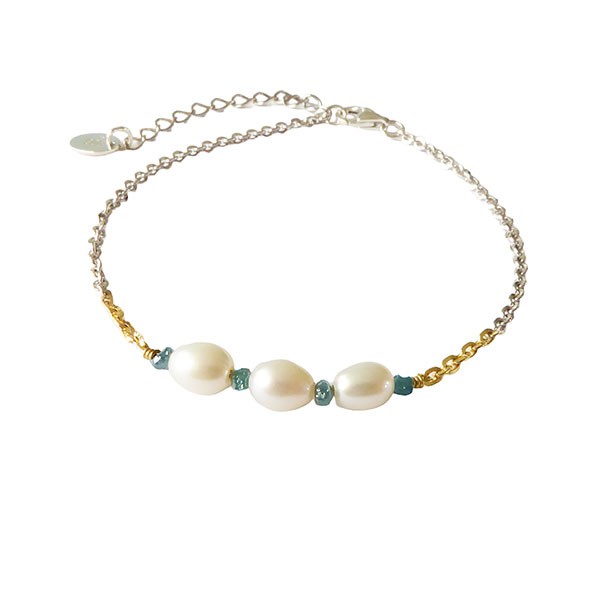 Bracelet & Necklace 925/585 - Rhodium w.Pearls & Blue Diamonds 16+4cm, von San - Links of Joy